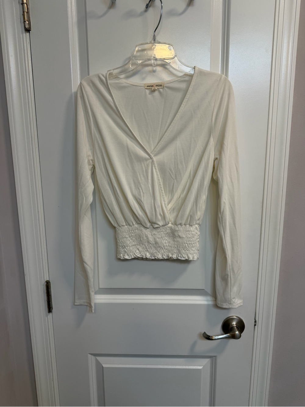 Moa Moa Cream Surplice Long-Sleeve Crop Top